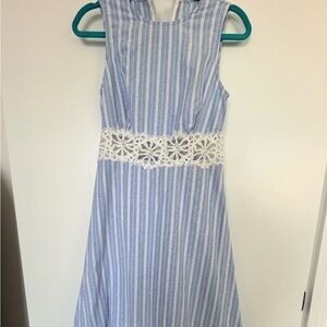 Elegant Blue and White Striped Midi Dress with Lace
